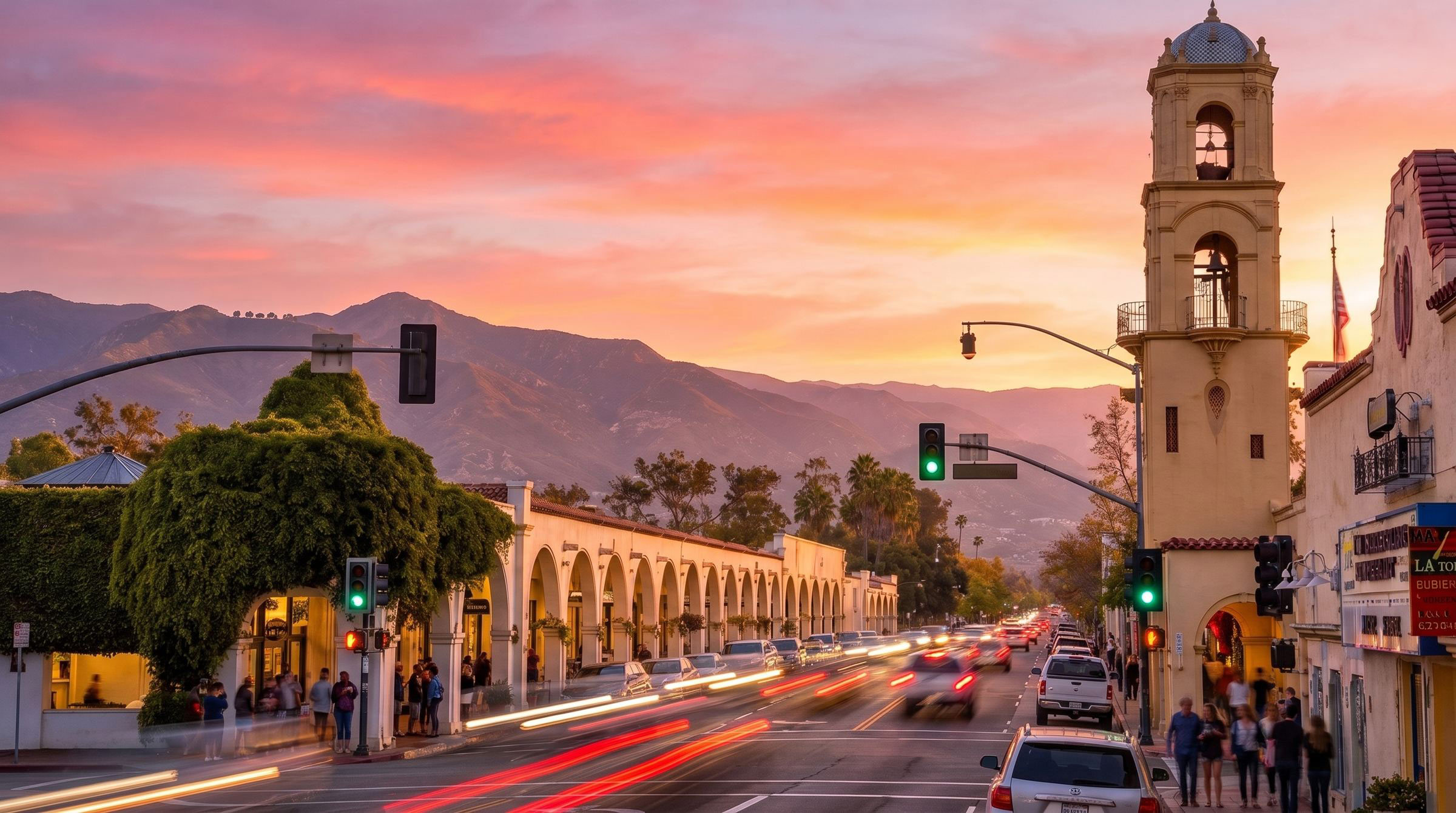 Ojai Avenue and the post office bell tower at sunset