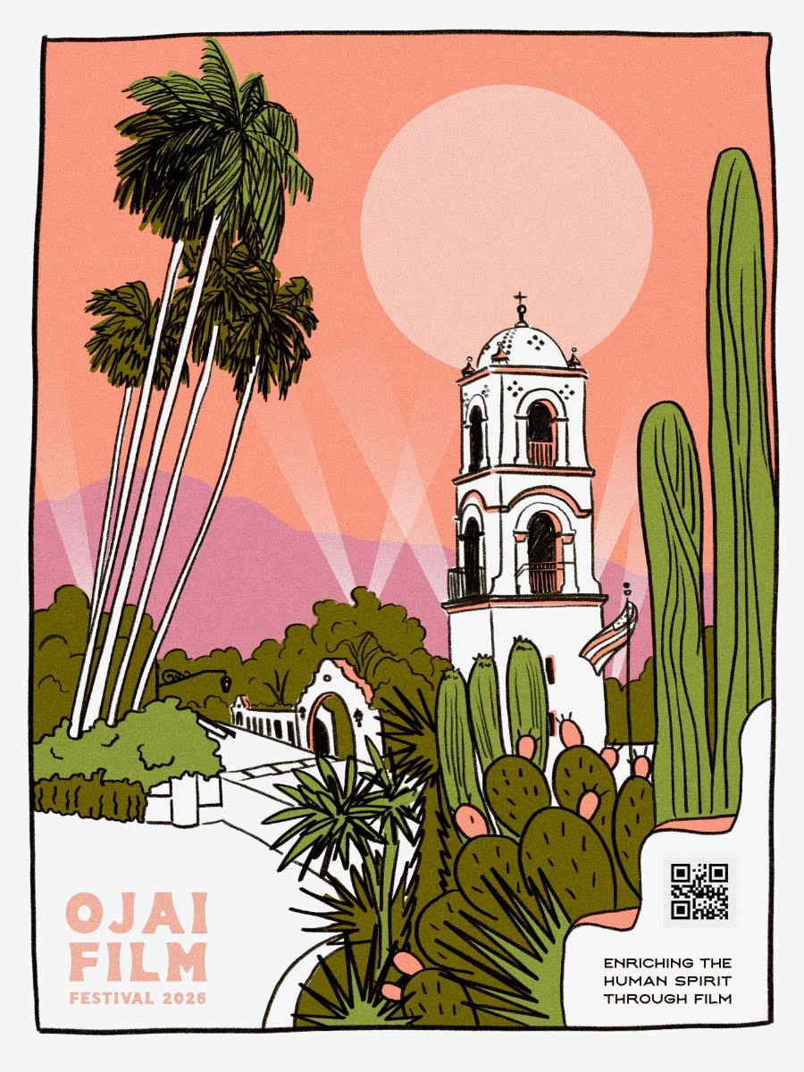 Ojai Film Festival 2026 poster: the Ojai post office bell tower at sunset with palms, cactus and searchlights